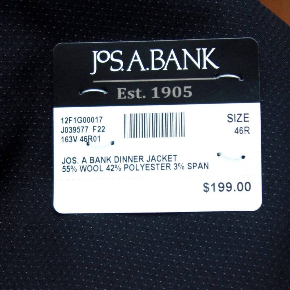 Jos‎ A Bank Men's Dinner Jacket Blazer Black Tailored Fit 46R Wool Blend C070556